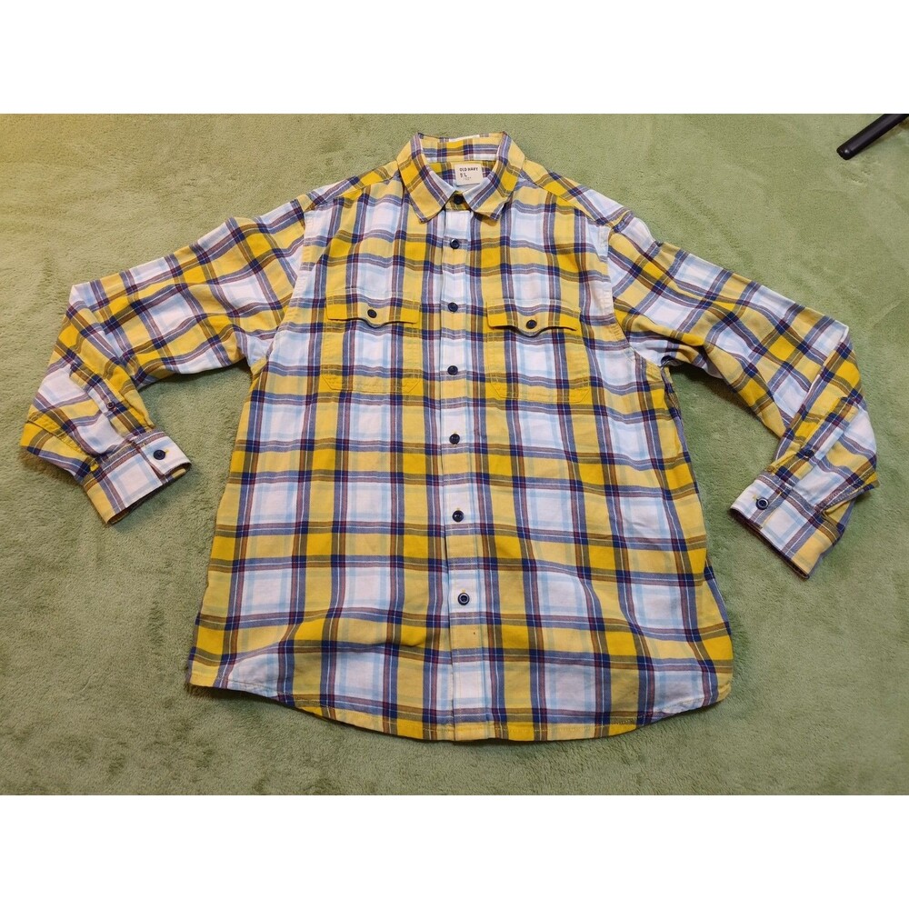 Old Navy Shirt Mens Large L Yellow Plaid Flannel Button Up Long Sleeve Cotton